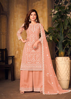 Monjolika Fashion Peach Color Net Embroidered Palazzo Suit - Distacart