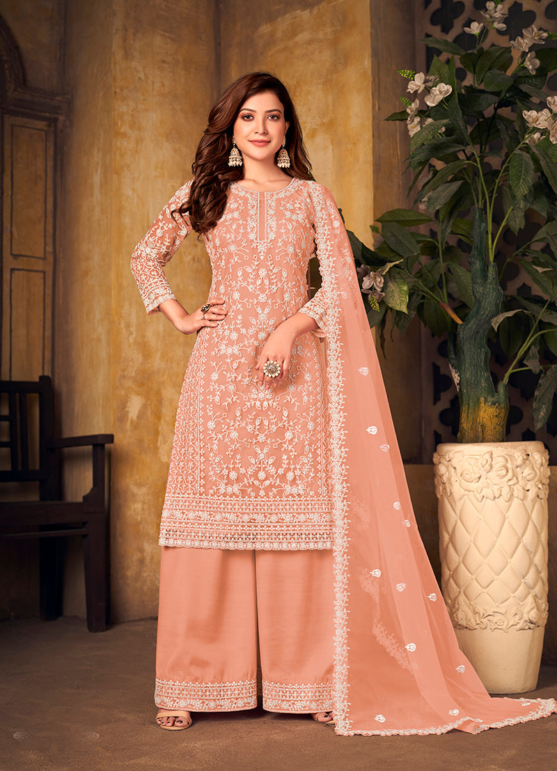 Monjolika Fashion Peach Color Net Embroidered Palazzo Suit - Distacart