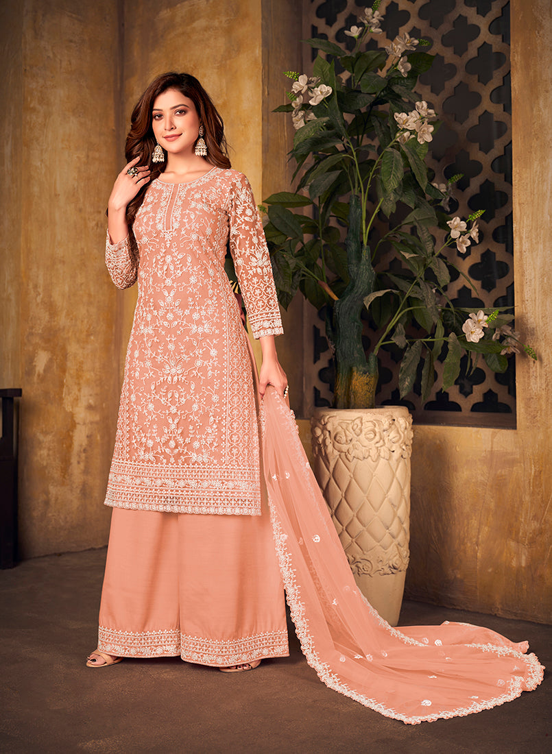 Monjolika Fashion Peach Color Net Embroidered Palazzo Suit - Distacart