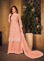 Monjolika Fashion Peach Color Net Embroidered Palazzo Suit - Distacart