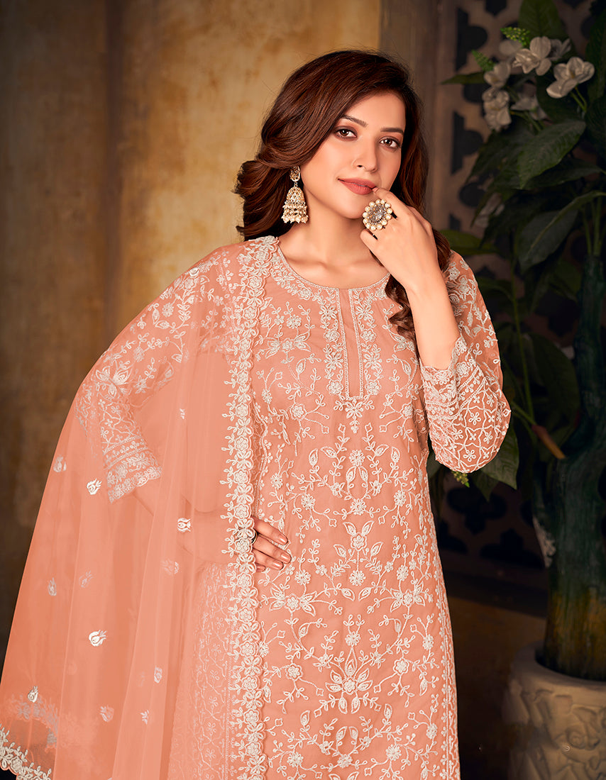 Monjolika Fashion Peach Color Net Embroidered Palazzo Suit - Distacart