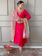 The52 Red Women Embroidered Viscose Kurta Pant and Dupatta set - Distacart
