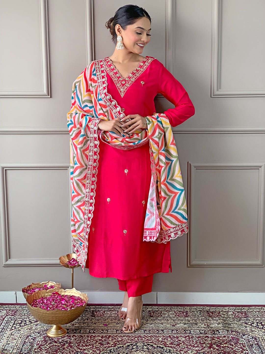 The52 Red Women Embroidered Viscose Kurta Pant and Dupatta set - Distacart