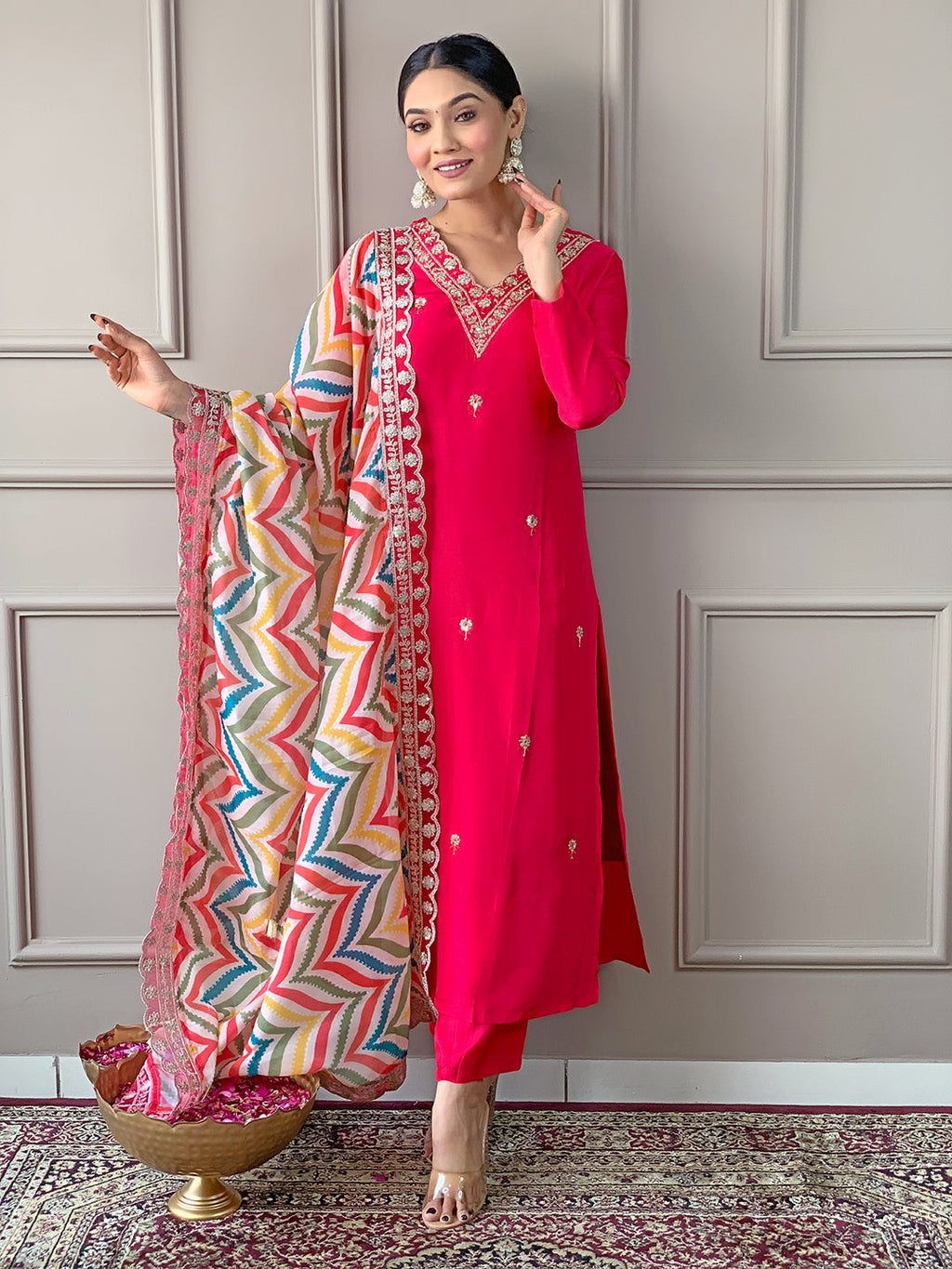 The52 Red Women Embroidered Viscose Kurta Pant and Dupatta set - Distacart