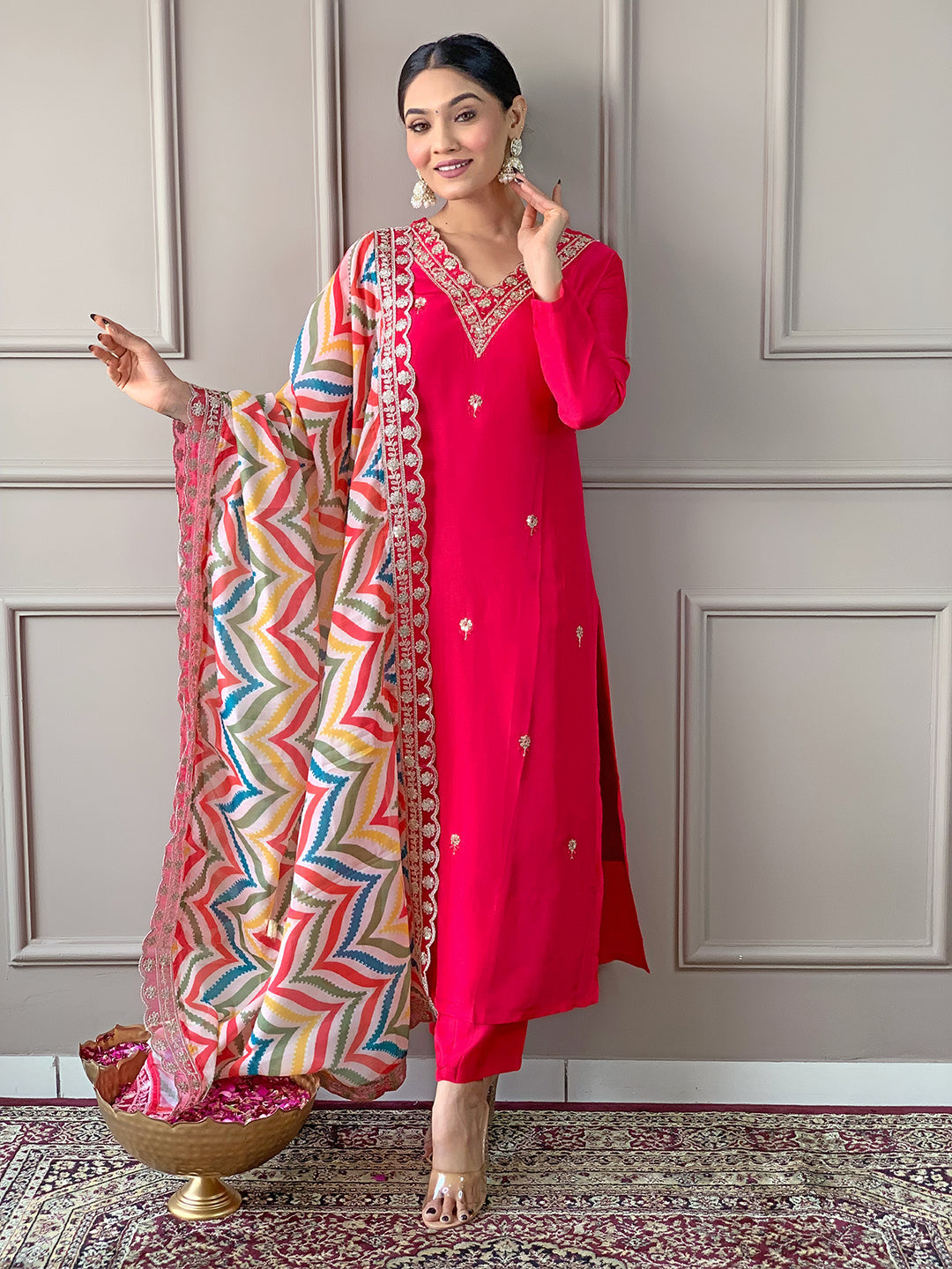 The52 Red Women Embroidered Viscose Kurta Pant and Dupatta set - Distacart