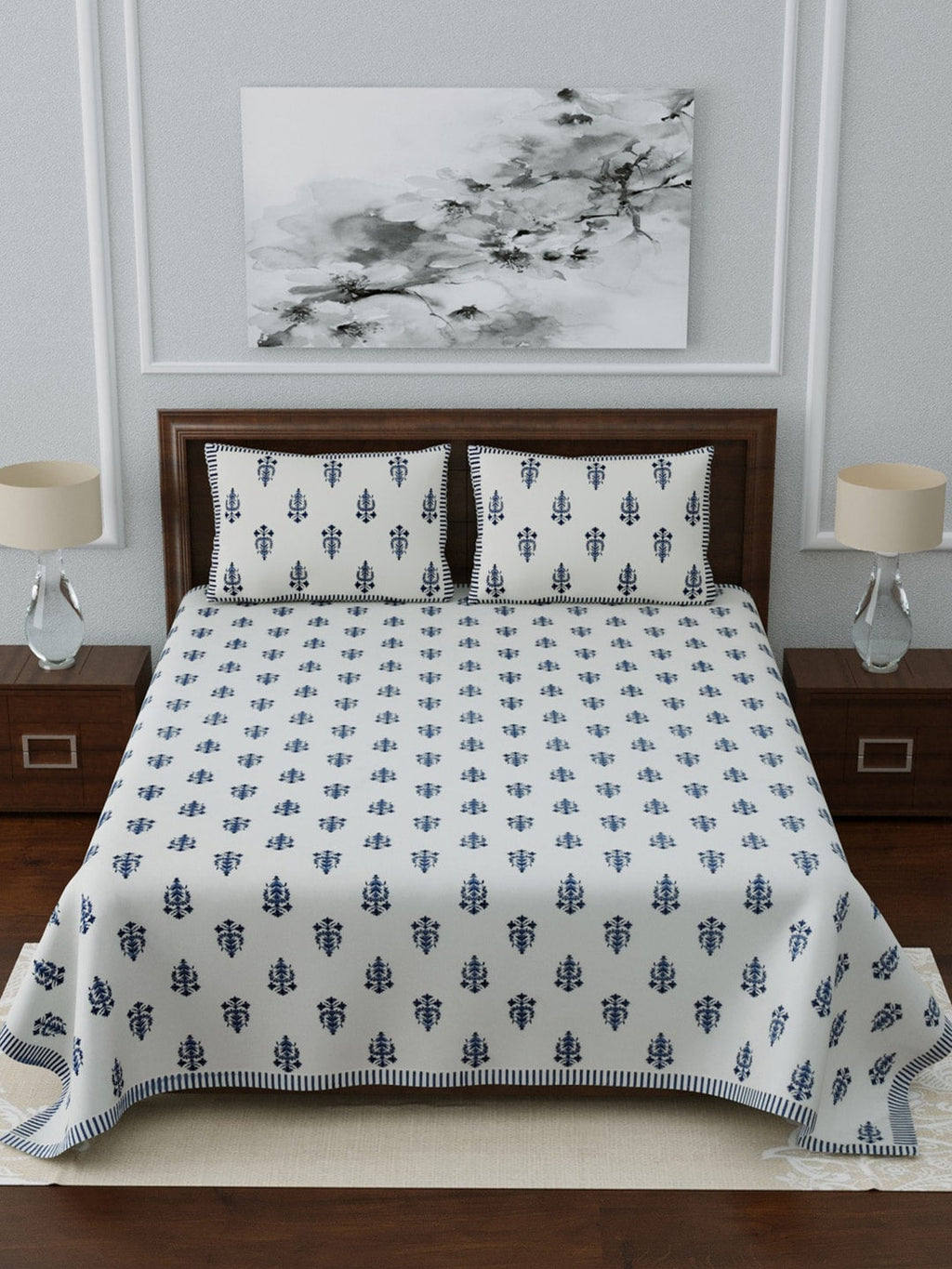 LIVING ROOTS White & Navy Blue Printed 210 TC Cotton 1 Extra Large Bedsheet with 2 Pillow Covers