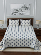 LIVING ROOTS White & Navy Blue Printed 210 TC Cotton 1 Extra Large Bedsheet with 2 Pillow Covers