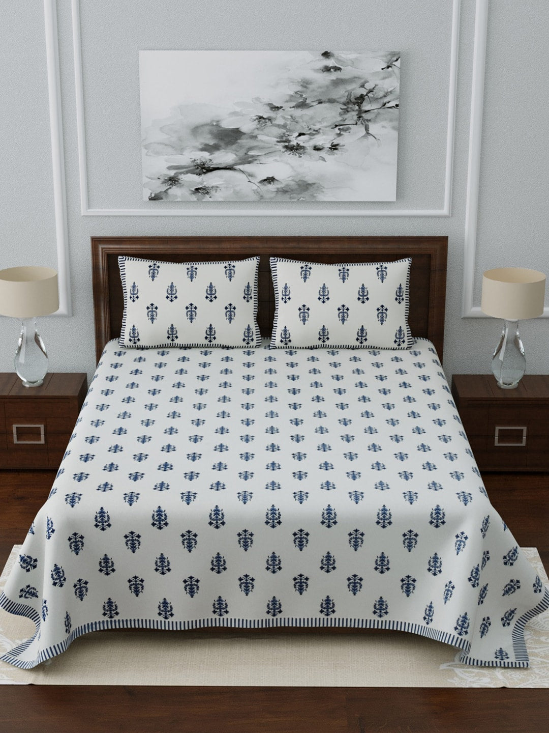 LIVING ROOTS White & Navy Blue Printed 210 TC Cotton 1 Extra Large Bedsheet with 2 Pillow Covers