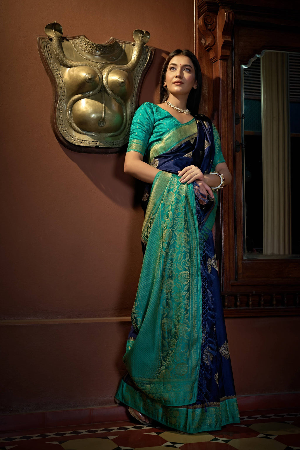 Vardha Cobalt Blue Golden Zari Banarasi Satin Silk Saree