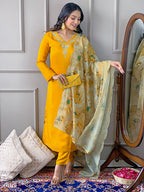 The52 Gorgeous Embroidered Viscose Fabric Straight Kurta, Pant and Dupatta Set - Distacart