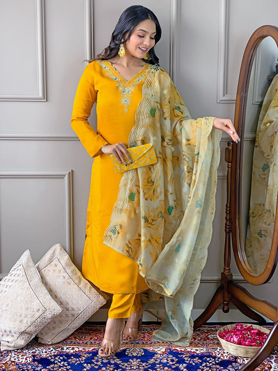 The52 Gorgeous Embroidered Viscose Fabric Straight Kurta, Pant and Dupatta Set - Distacart