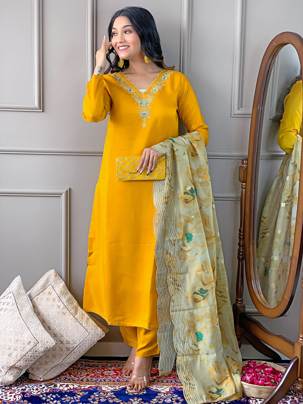 The52 Gorgeous Embroidered Viscose Fabric Straight Kurta, Pant and Dupatta Set - Distacart
