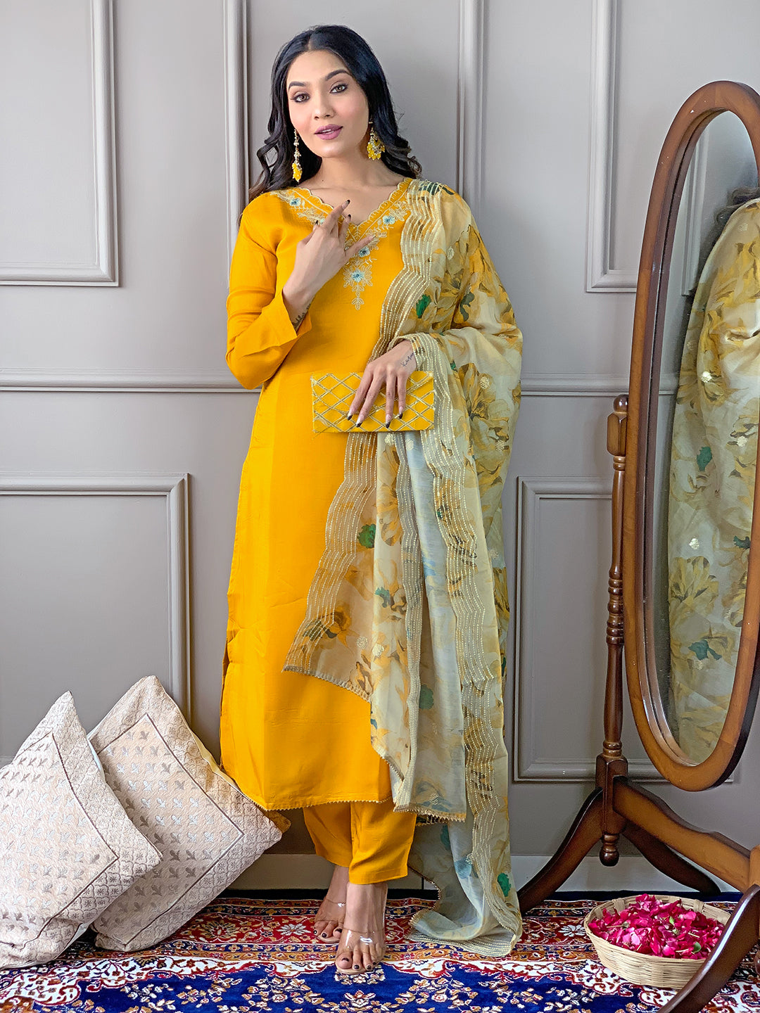 The52 Gorgeous Embroidered Viscose Fabric Straight Kurta, Pant and Dupatta Set - Distacart