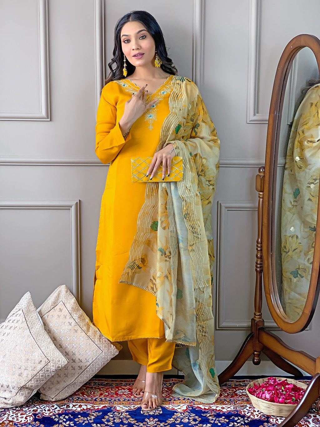 The52 Gorgeous Embroidered Viscose Fabric Straight Kurta, Pant and Dupatta Set - Distacart