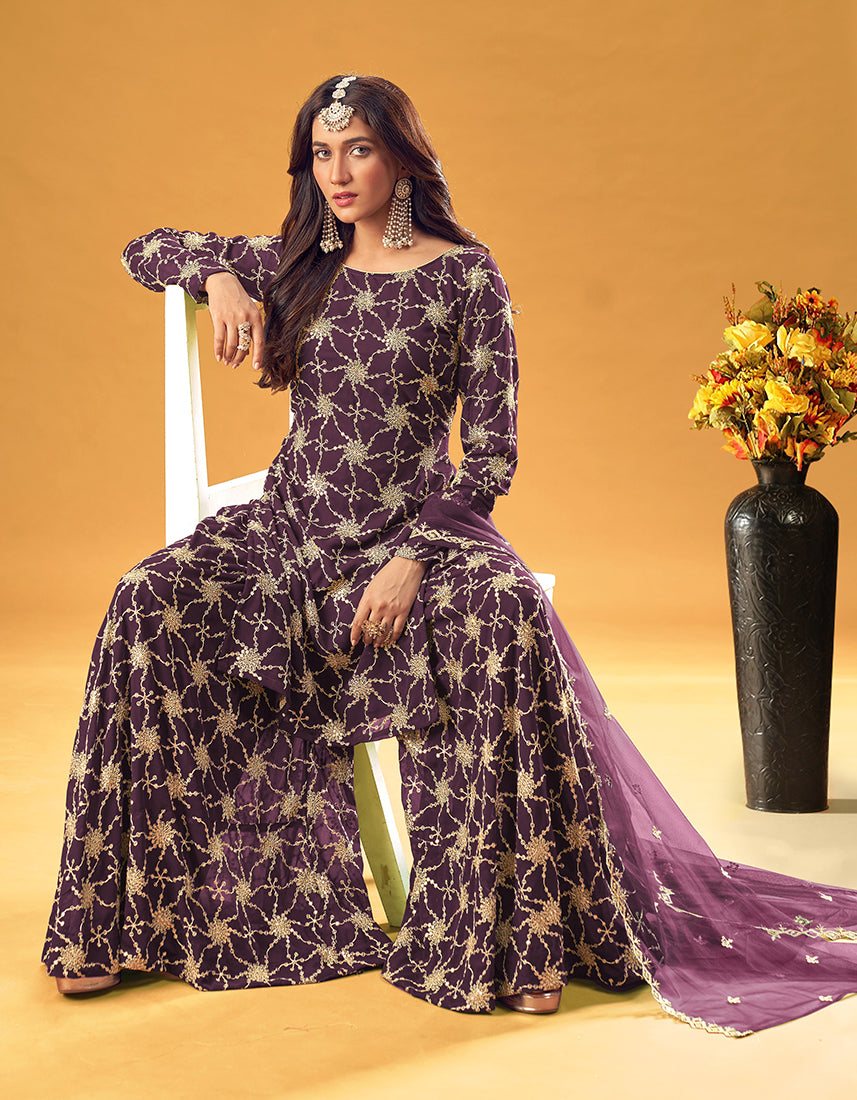 Monjolika Fashion Purple Embroidered Palazzo Salwar Suit - Distacart