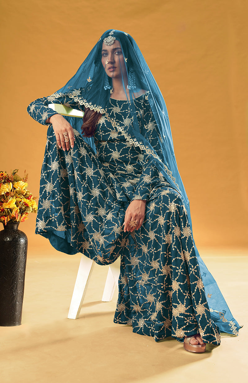 Monjolika Fashion Teal Embroidered Palazzo Salwar Suit - Distacart