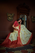 Vardha Parchment White Golden Zari Banarasi Satin Silk Saree