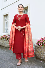 Monjolika Fashion Red Color Rayon Cotton Embroidered Ceremonial Salwar Suit - Distacart