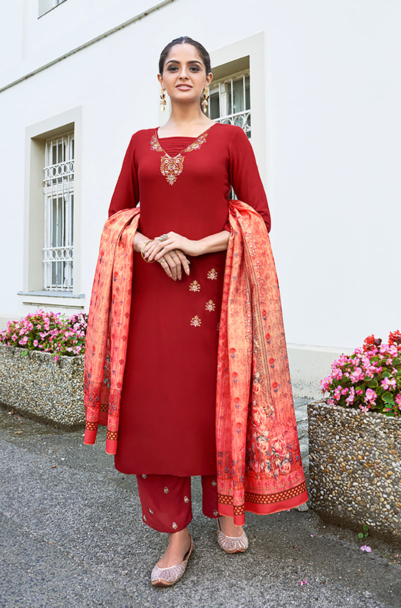 Monjolika Fashion Red Color Rayon Cotton Embroidered Ceremonial Salwar Suit - Distacart