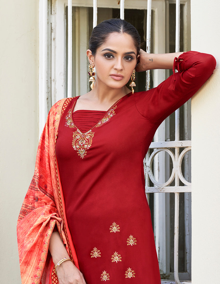 Monjolika Fashion Red Color Rayon Cotton Embroidered Ceremonial Salwar Suit - Distacart