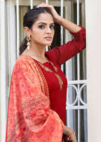 Monjolika Fashion Red Color Rayon Cotton Embroidered Ceremonial Salwar Suit - Distacart