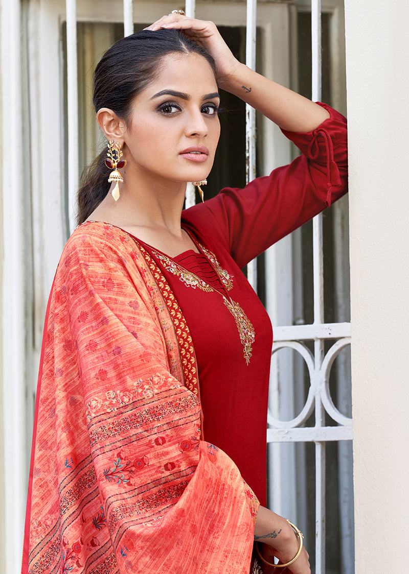 Monjolika Fashion Red Color Rayon Cotton Embroidered Ceremonial Salwar Suit - Distacart