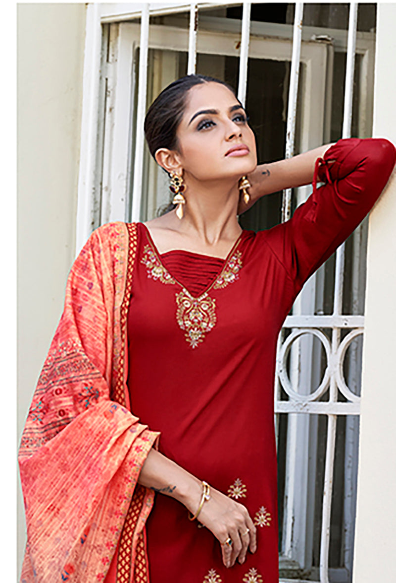 Monjolika Fashion Red Color Rayon Cotton Embroidered Ceremonial Salwar Suit - Distacart