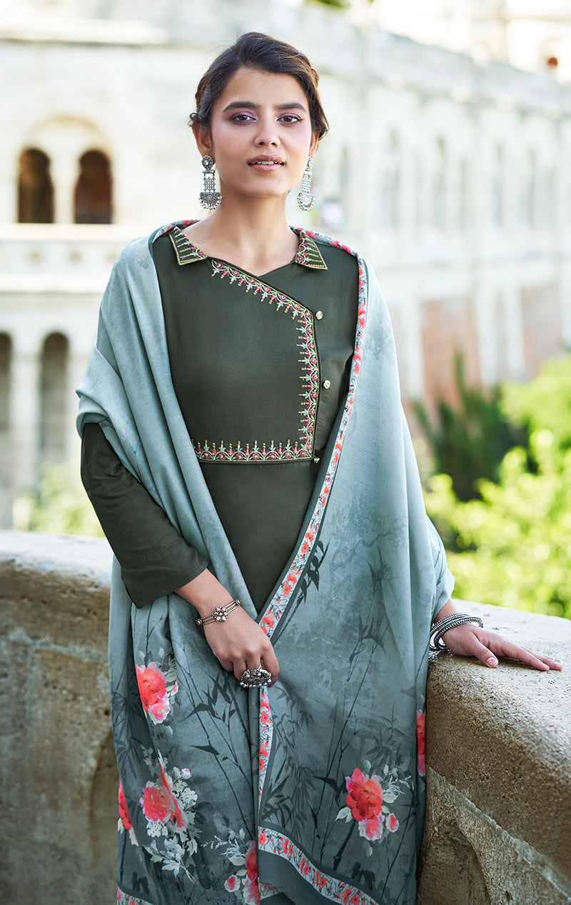 Monjolika Fashion Dark Sea Green Color Rayon Cotton Embroidered Ceremonial Salwar Suit - Distacart