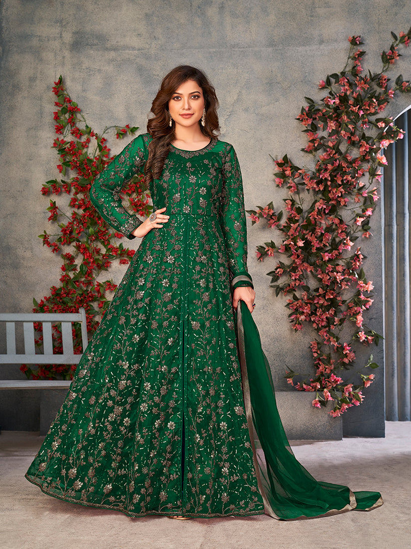Monjolika Fashion Green Color Net Embroidered Anarkali Salwar Suit - Distacart