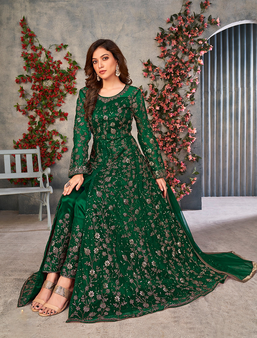 Monjolika Fashion Green Color Net Embroidered Anarkali Salwar Suit - Distacart