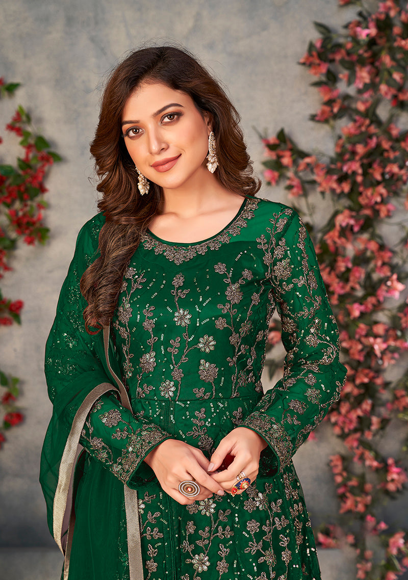Monjolika Fashion Green Color Net Embroidered Anarkali Salwar Suit - Distacart