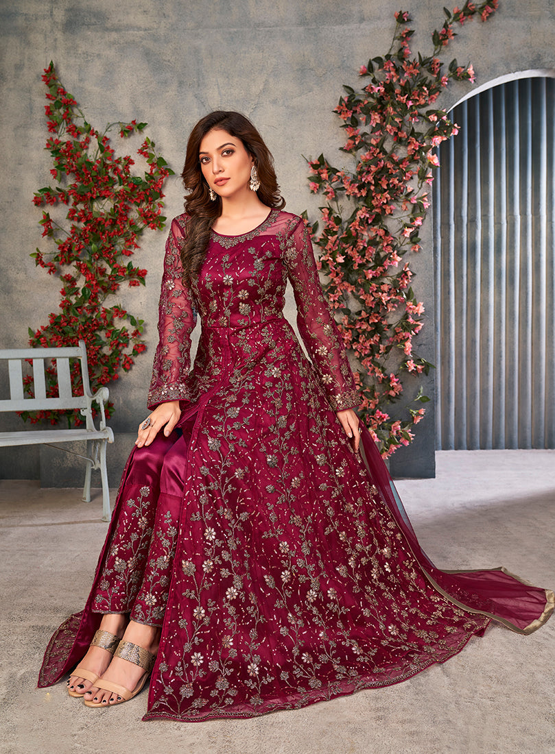 Monjolika Fashion Magenta Color Net Embroidered Anarkali Salwar Suit - Distacart