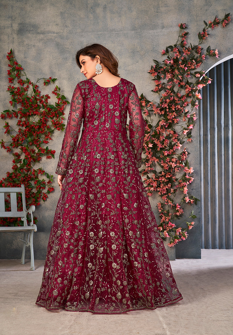 Monjolika Fashion Magenta Color Net Embroidered Anarkali Salwar Suit - Distacart