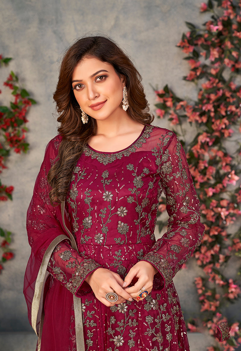 Monjolika Fashion Magenta Color Net Embroidered Anarkali Salwar Suit - Distacart