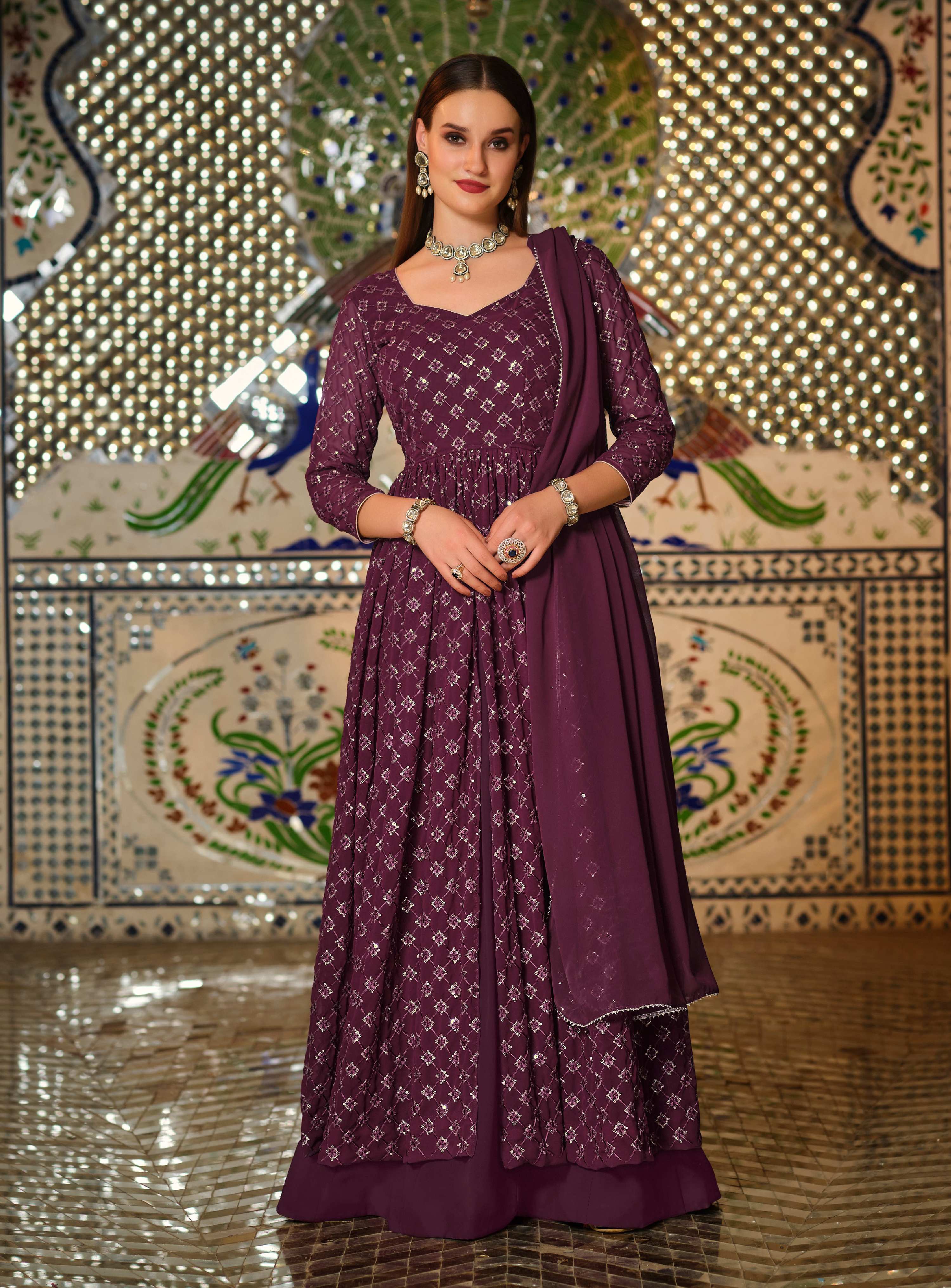 Monjolika Fashion Purple Color Georgette Anarkali Lehenga Style Suit - Distacart