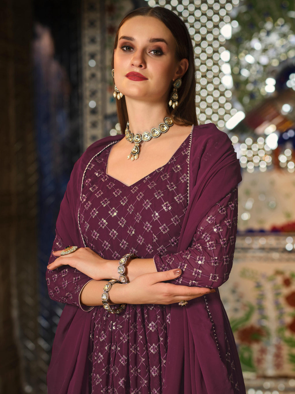 Monjolika Fashion Purple Color Georgette Anarkali Lehenga Style Suit - Distacart