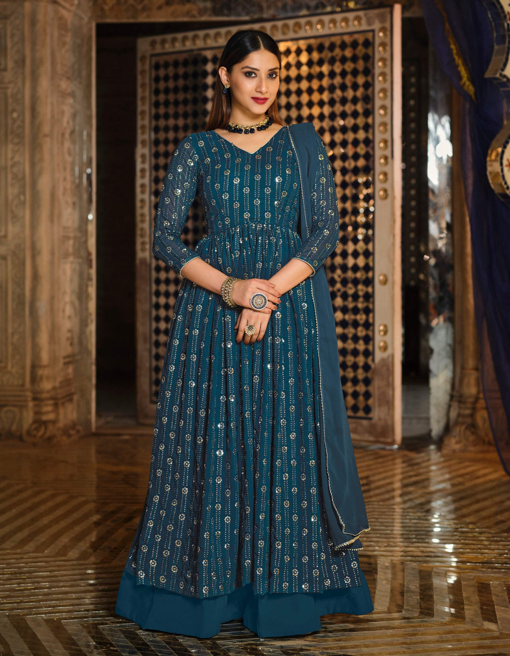 Monjolika Fashion Dark Teal Color Georgette Anarkali Lehenga Style Suit - Distacart