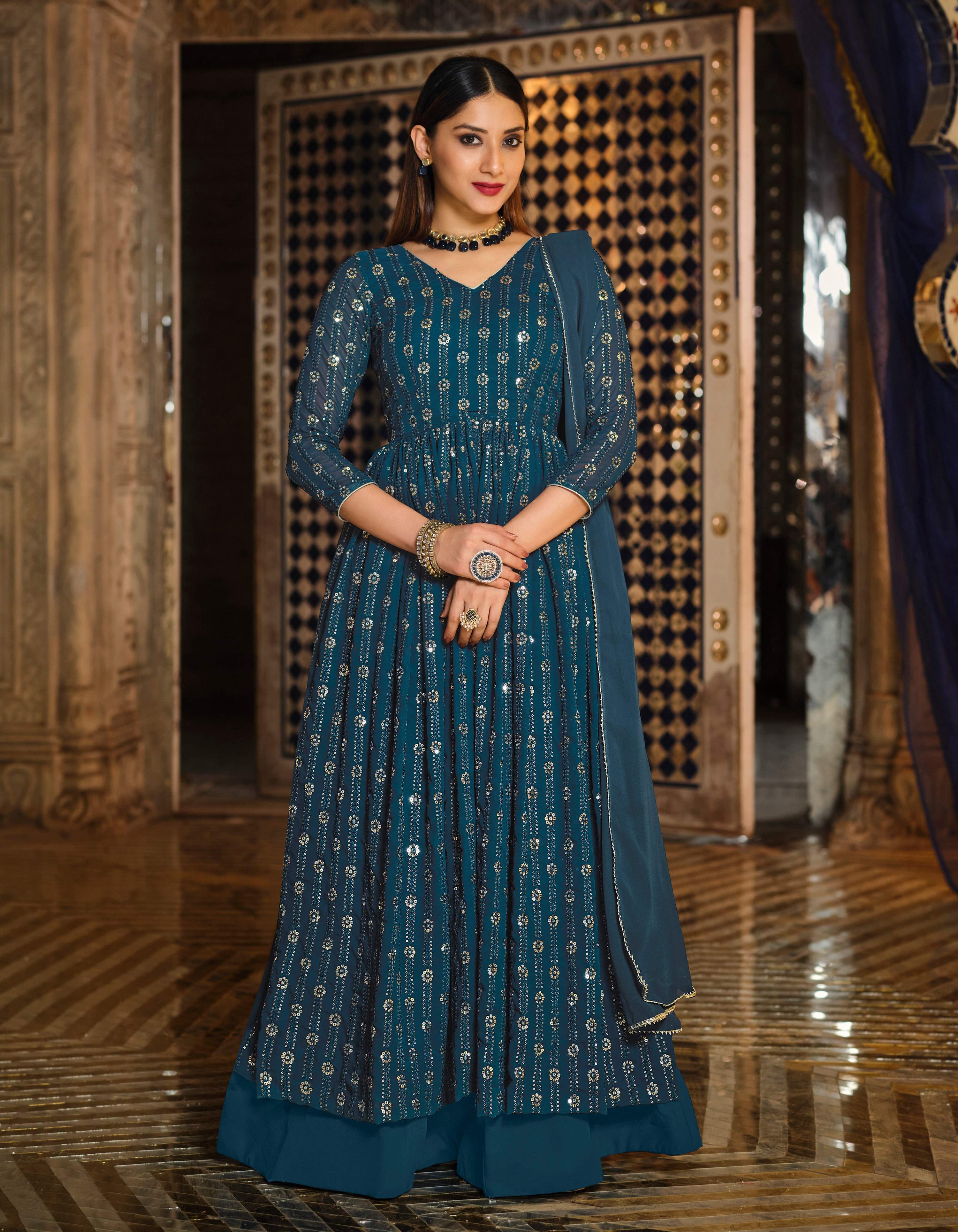 Monjolika Fashion Dark Teal Color Georgette Anarkali Lehenga Style Suit - Distacart