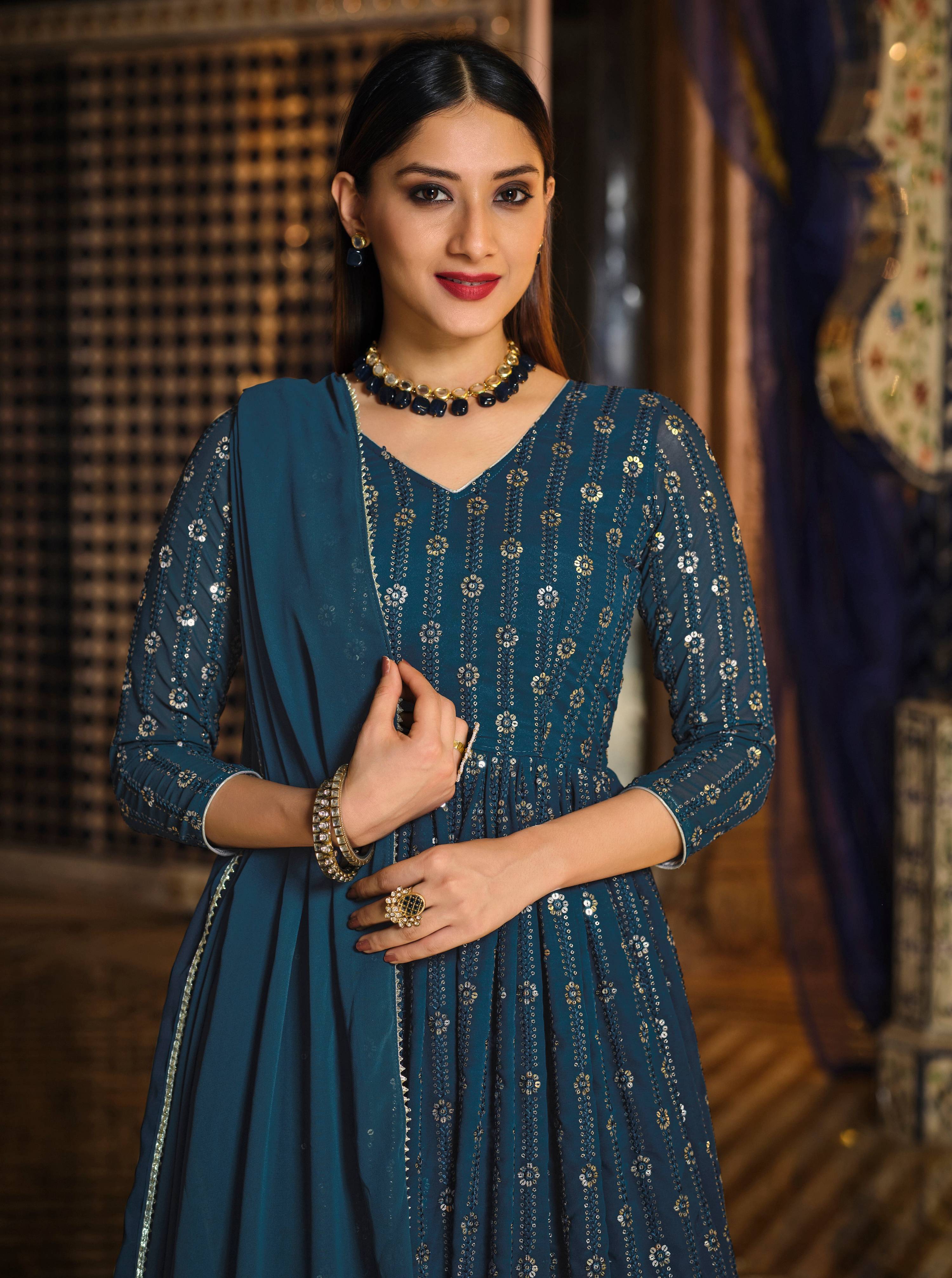 Monjolika Fashion Dark Teal Color Georgette Anarkali Lehenga Style Suit - Distacart