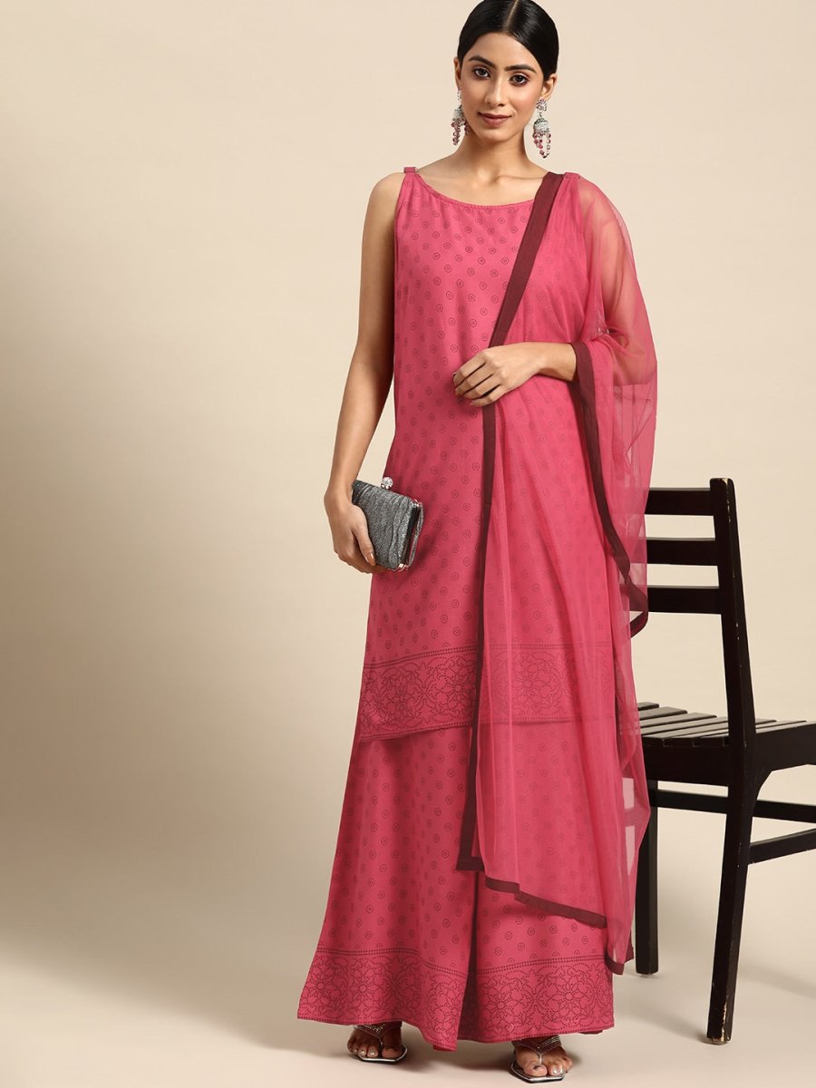 All About You Women Pink Printed Kurta with Palazzos & Dupatta