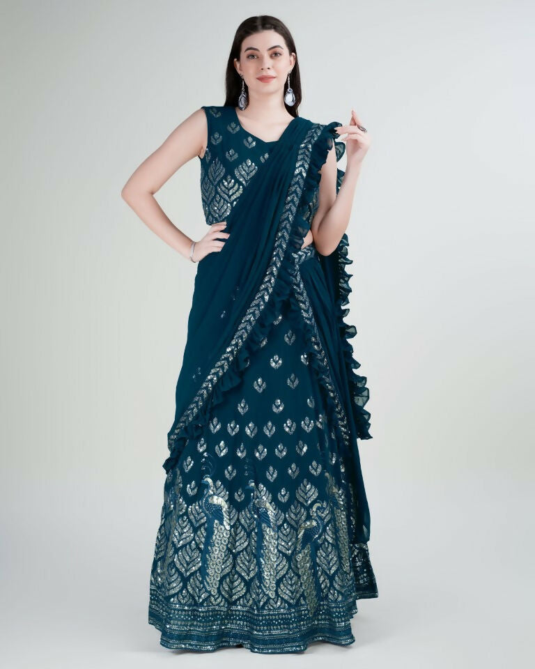 Teal Georgette Sequence Embroidered Lehenga Choli with Dupatta - Tanya