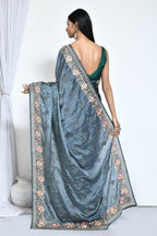 Teal Satin Silk Sequence Embroidered with Stone work Saree - Nimaya Benzy