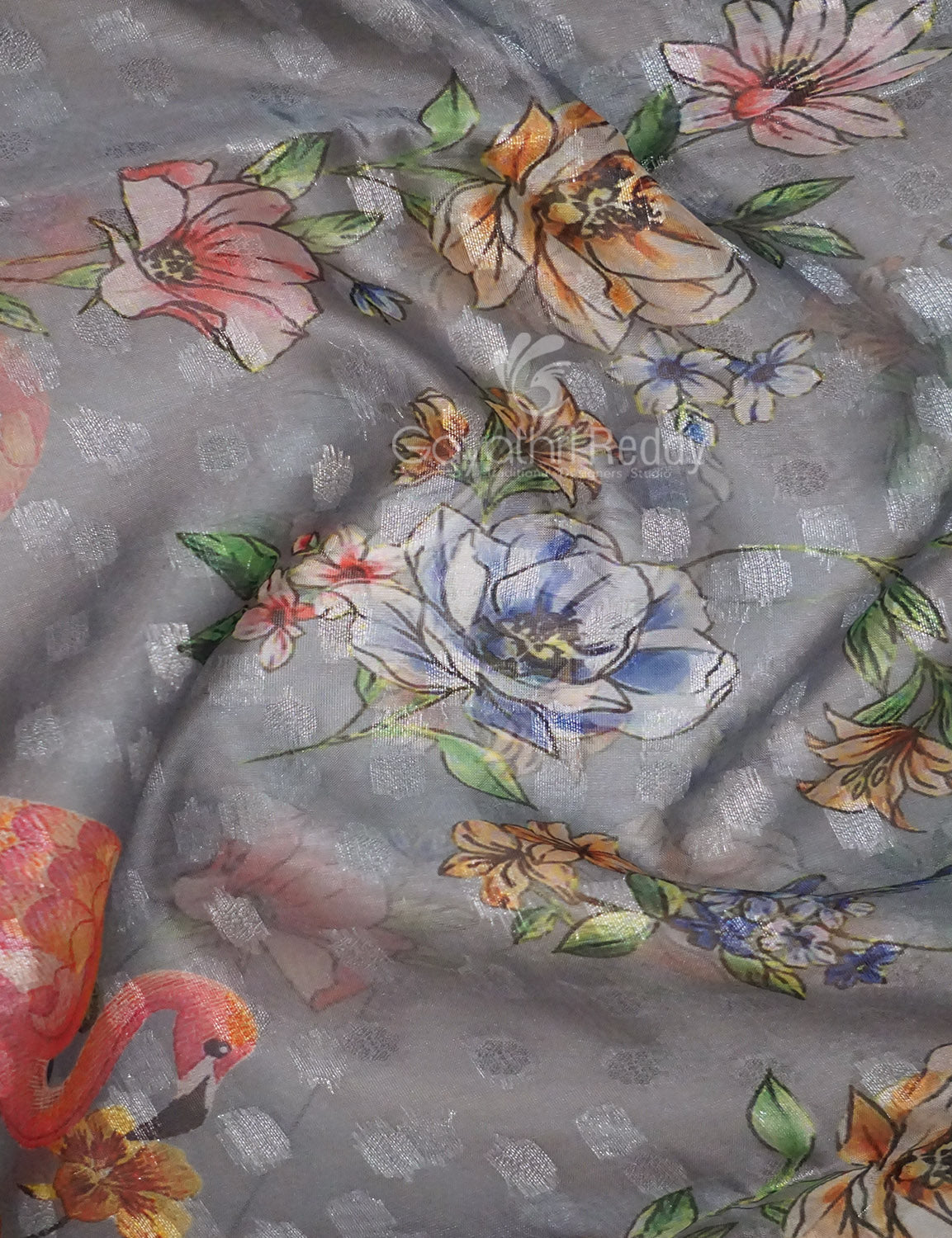 Shades of Grey Colour Floral Design Banaras Semi Silk Saree By Gayathri Reddy Designer Studio