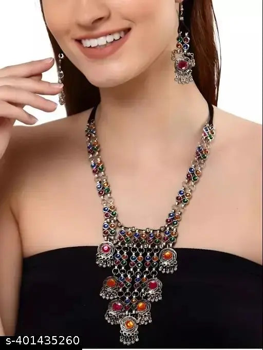 Tehzeeb Creations Women's Multi Colour Meenakari Oxidised Necklace Set