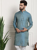 Sojanya Men Blue & Beige Ethnic Motif Printed Jacquard Silk Kurta