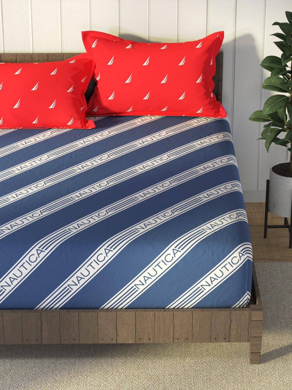 Nautica Blue & Red Striped Cotton 160 TC King Bedsheet With 2 Pillow Covers