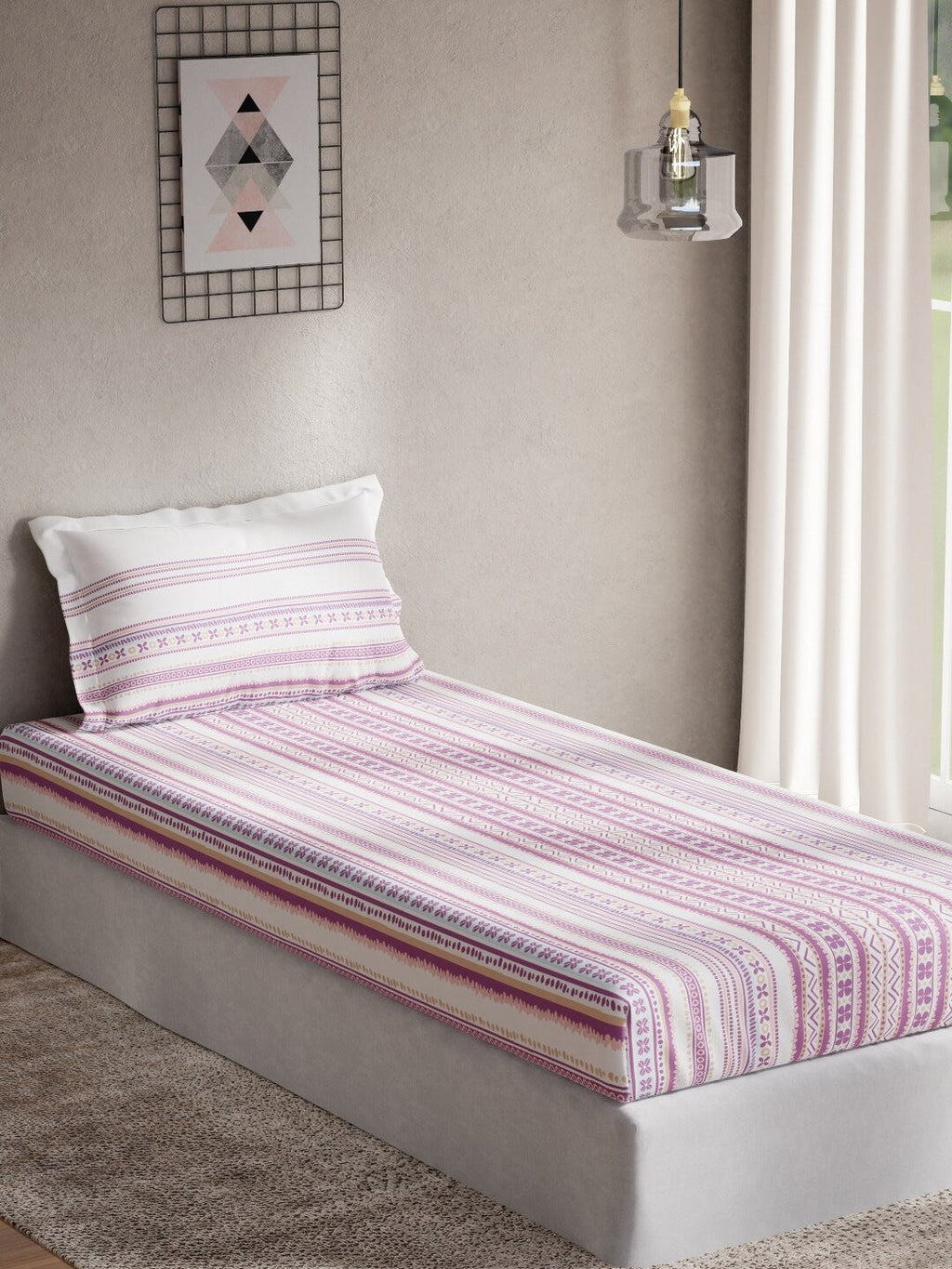 DDecor Purple & White Ethnic Motifs 144 TC Cotton Single Bedsheet with 1 Pillow Cover
