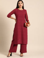All About You Women Maroon Ethnic Motifs Embroidered Chikankari Kurta with Palazzos