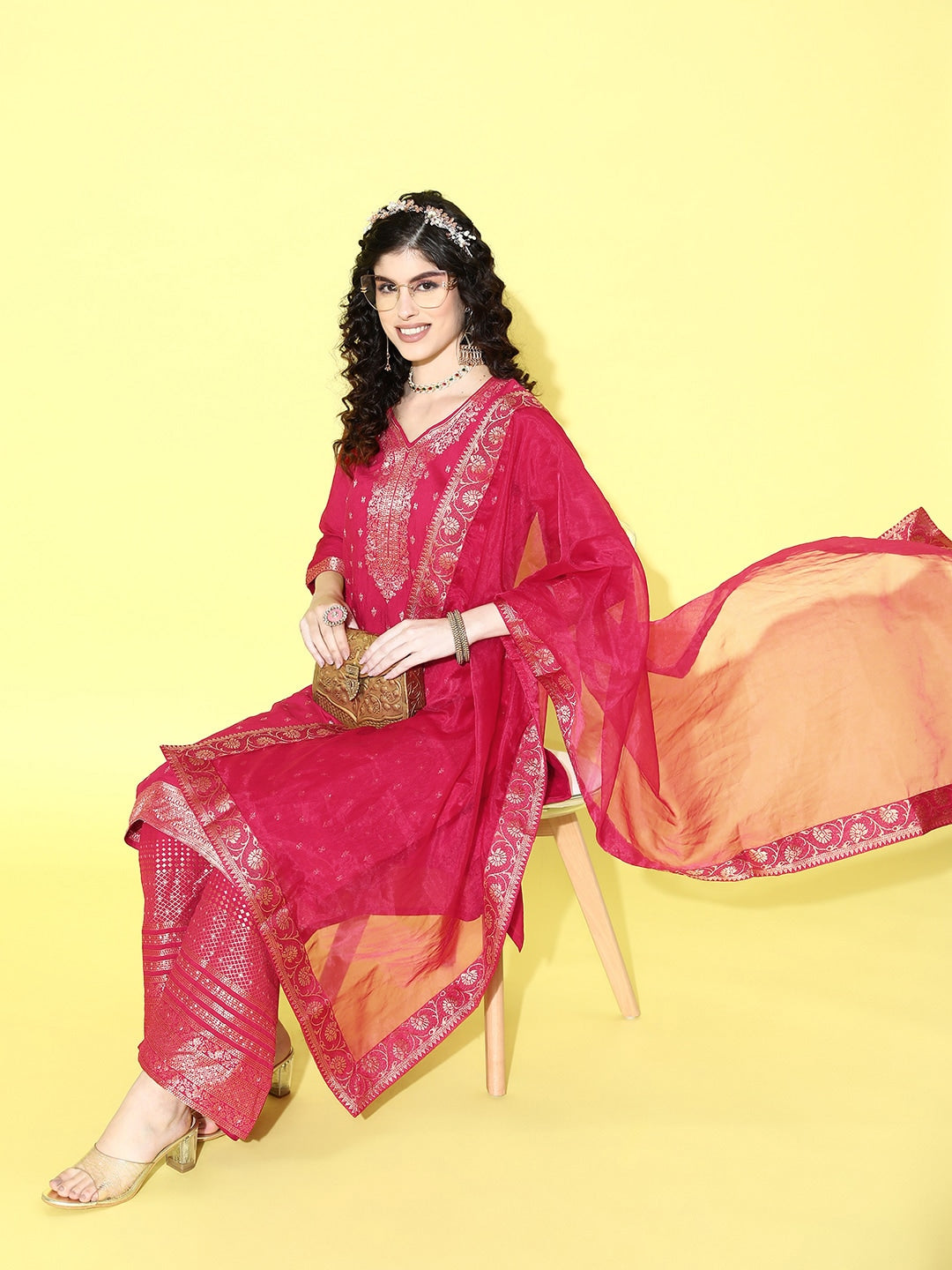 Sangria Floral Yoke Design Jacquard Kurta with Palazzos & With Dupatta