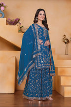 Teeya Creation Blue Color Faux Georgette Embroidery Work Wedding Wear Palazzo Set - Distacart